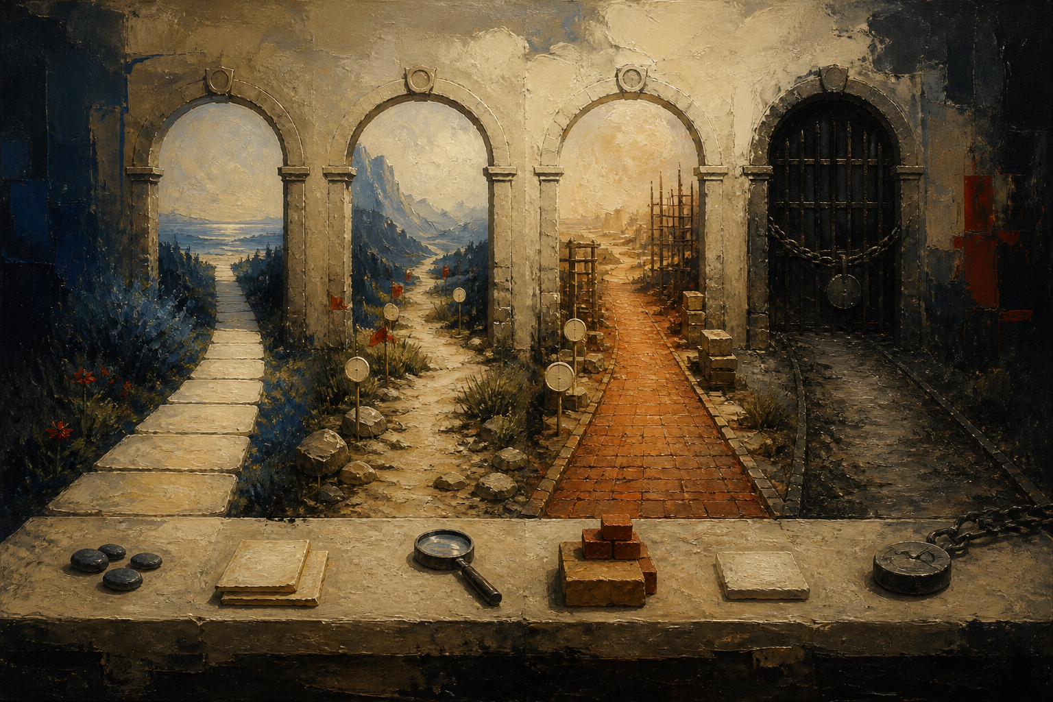 An oil painting of four distinct passages representing recurring founder decisions.