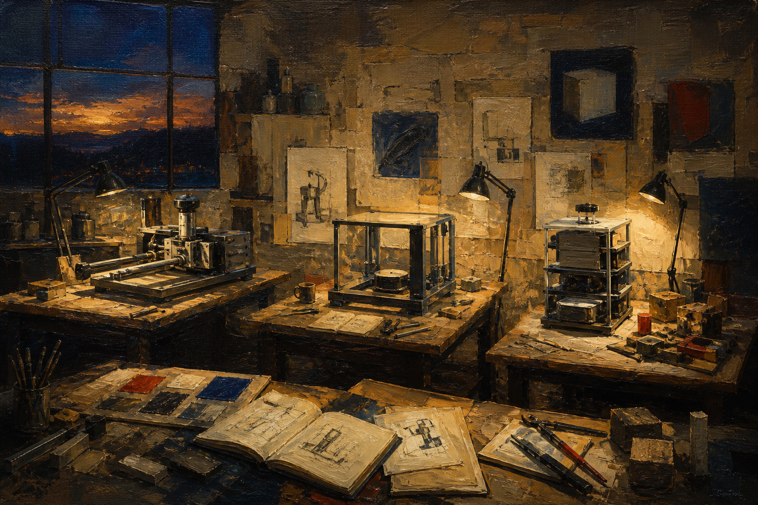An oil painting of three working product systems in an independent builder’s studio.
