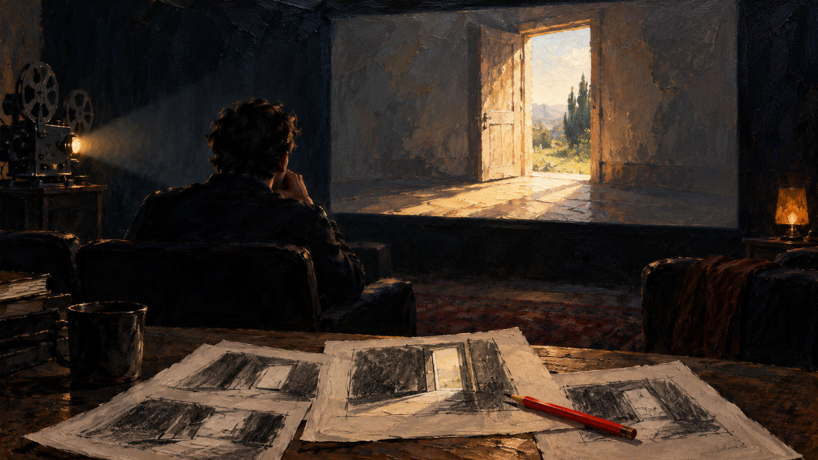 An oil painting of a filmmaker studying a projected scene beside storyboard sketches