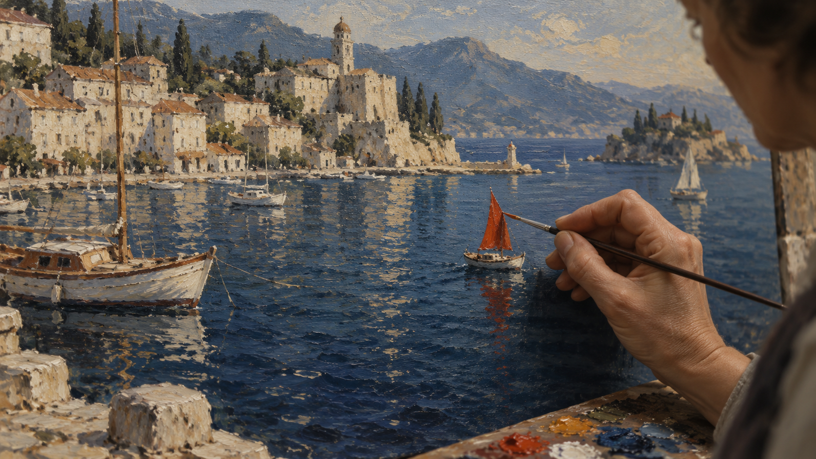 An oil painting of a fine brush retouching one red sail in a harbor scene
