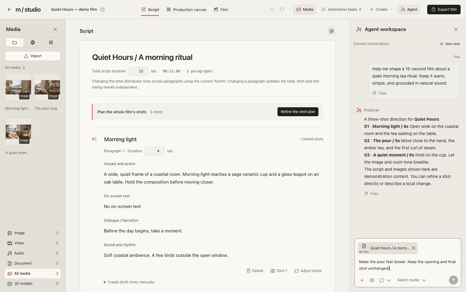 mstudio Agent conversation beside a script, with a script reference attached to a revision request